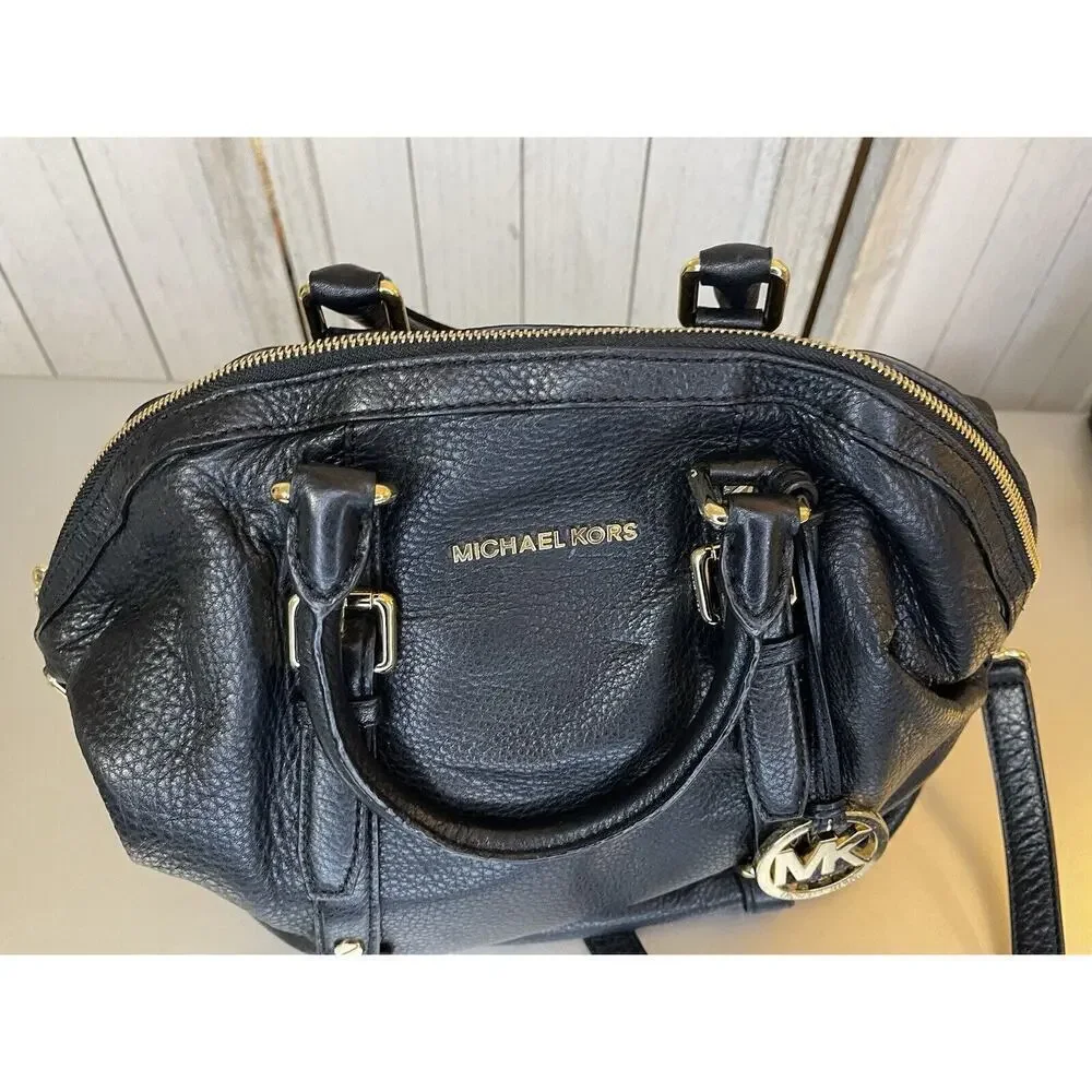 Michael Kors Bedford Bowling Medium Black Leather Satchel Bag Crossbody Strap